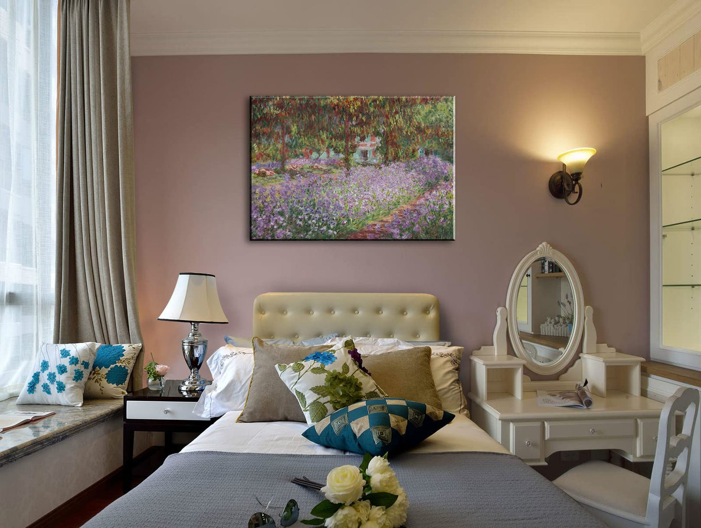 Irises in Monet's Garden, 1900 by Claude Monet - Large Canvas Art Bathroom Wall Decor Painting Print Framed for Living Room Bedroom Home Kitchen Decorations 24" x 36"