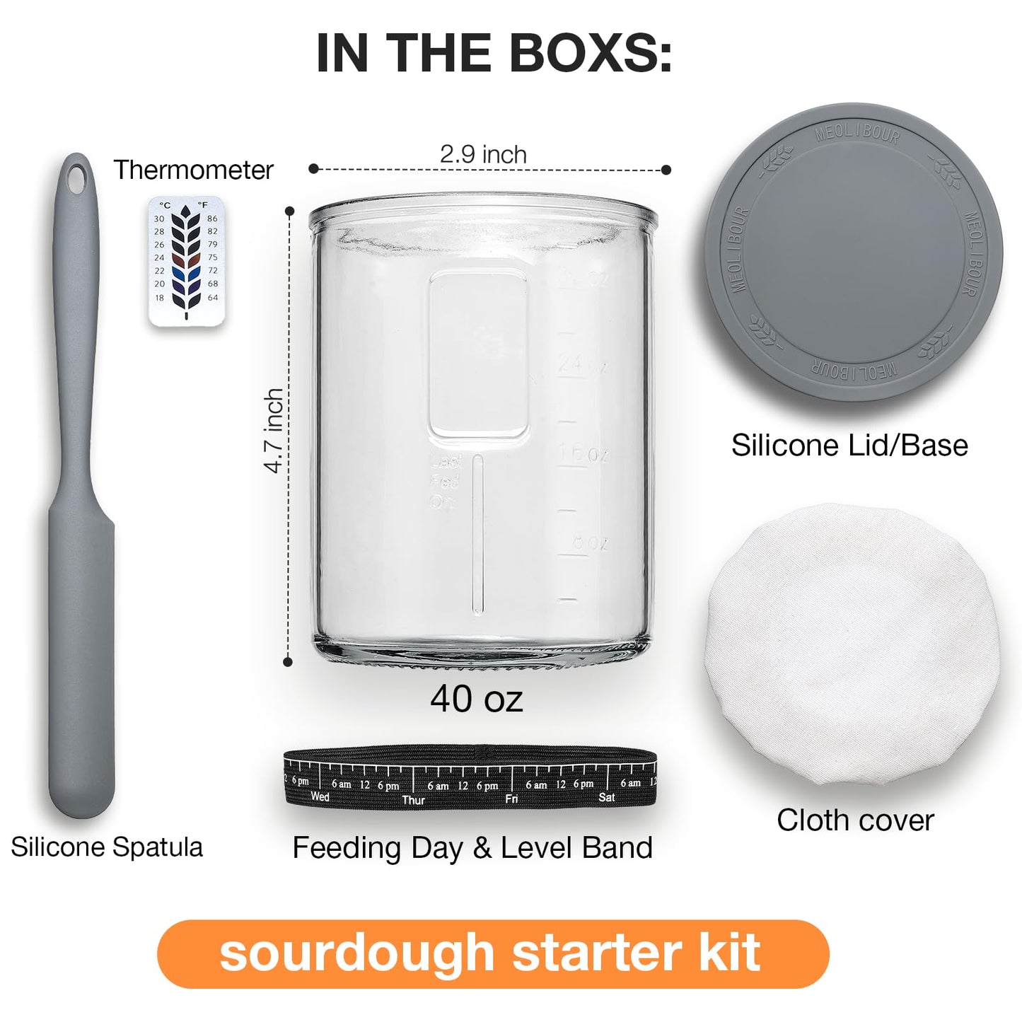 Premium Pro Sourdough Starter Jar Kit - 40oz Large Wide Mouth Sourdough Bread Jar with Marked Feeding Band, Thermometer, Scraper, Cloth Cover and Silicone Lid/Base, Glass Container, Baking Supplies