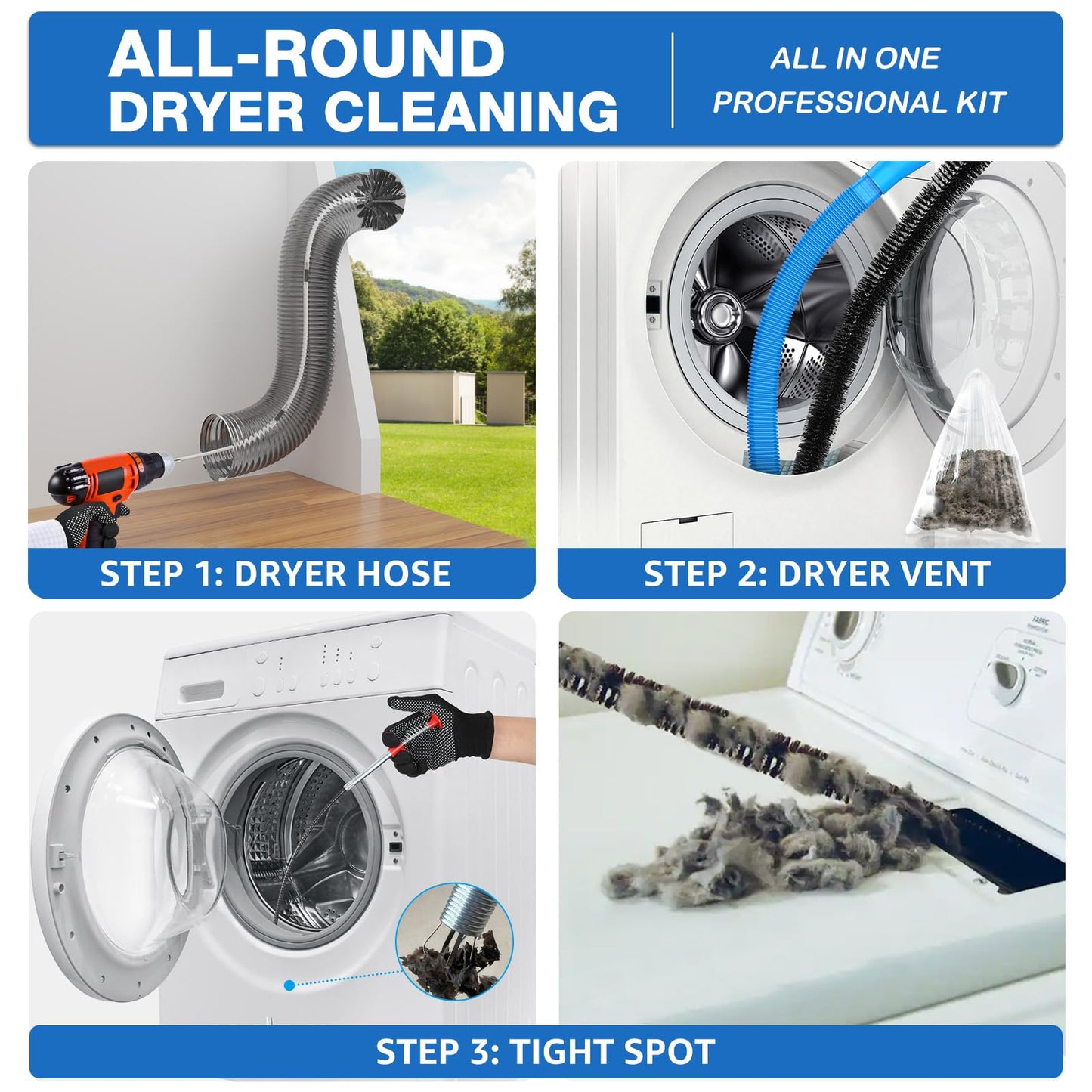 PetOde 32-Feet Dryer Vent Cleaner Kit, Dryer Vent Cleaning Kit Lint Remover with Dryer Vent Brush, Vacuum Hose Attachment Cleaning Tools, Flexible Lint Trap Brush, Vacuum & Dryer Adapters