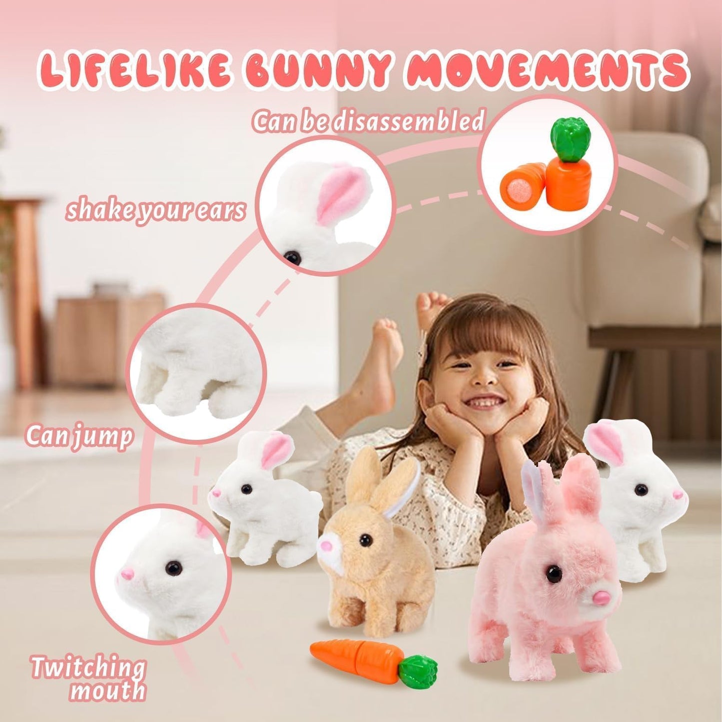 Realistic Bunny Toy - Interactive Plush Rabbit with Sounds & Movements | Animated Walking, Wiggle Ears, Twitch Nose - Easter Gift for Kids (Brown & White)