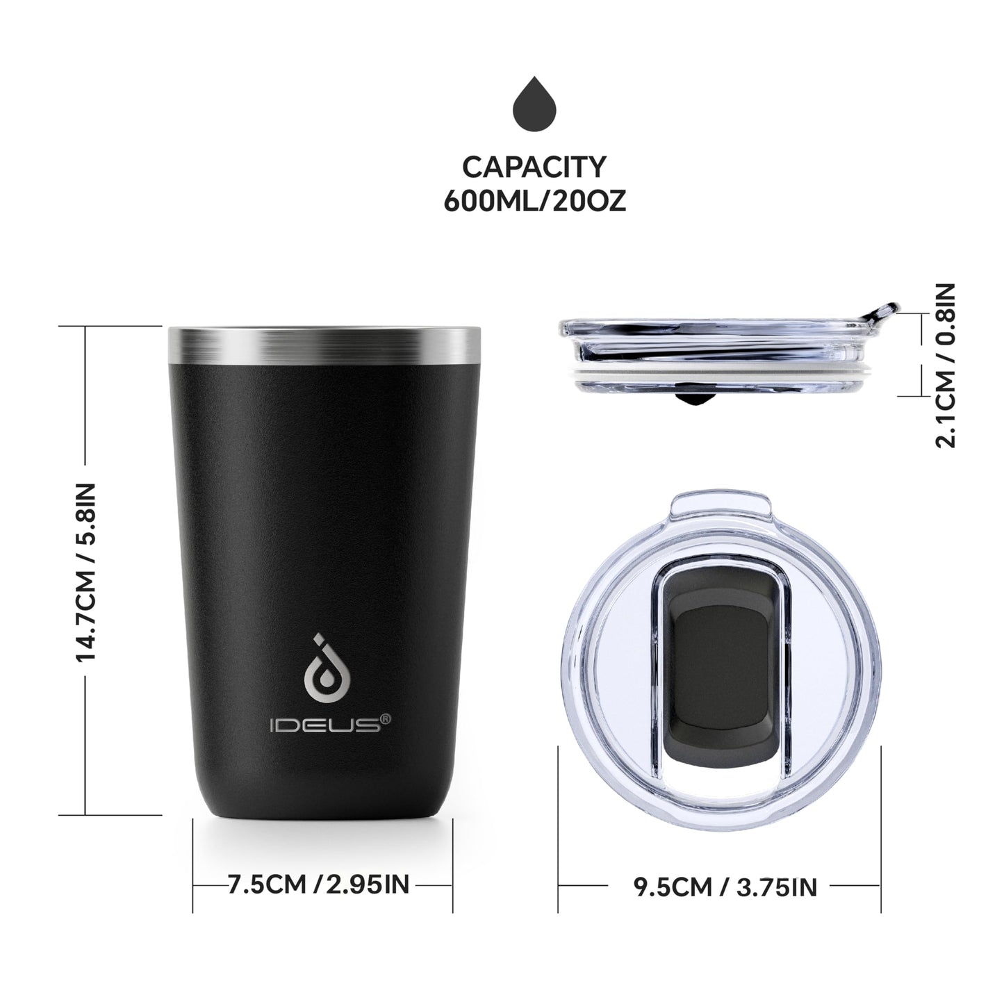 Ideus 20 oz Tumbler, Travel Coffee Mug with Splash Proof Sliding Lid, Double Wall Stainless Steel Vacuum Insulated Coffee Mug for Home and Office, Keep Beverages Hot or Cold, Black