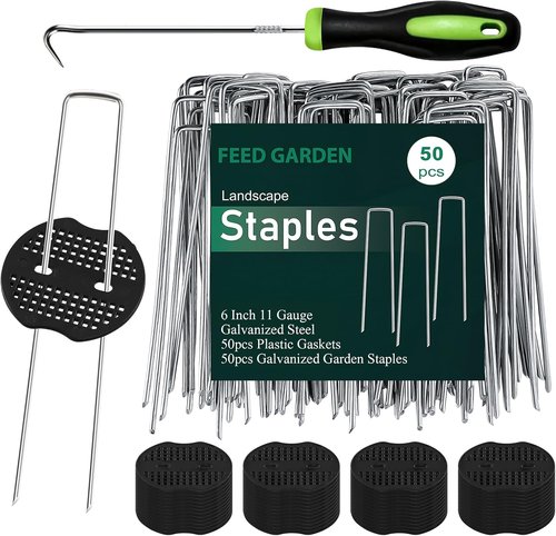 Feed Garden Galvanized Landscape Staples - 6 Inch U-Shaped Turf Stakes | 50 Pcs Anti-Rust Gaskets for Weed Barrier Fabric