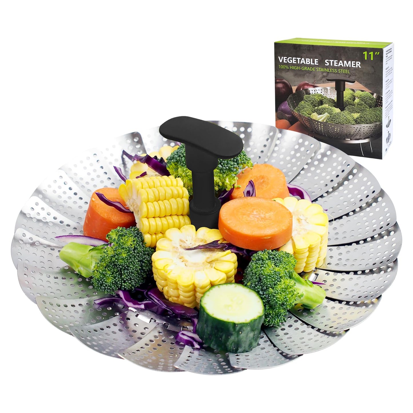 AGIgear Vegetable Steamer Basket,Stainless Steel Steamer Basket,Folding Expandable Steaming Vegetable/Fish/Seafood Steaming Pot Insert Fits Various Size Pot(6.5"to11") (Black11)