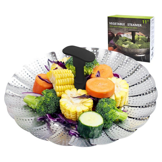 AGIgear Vegetable Steamer Basket,Stainless Steel Steamer Basket,Folding Expandable Steaming Vegetable/Fish/Seafood Steaming Pot Insert Fits Various Size Pot(6.5"to11") (Black11)