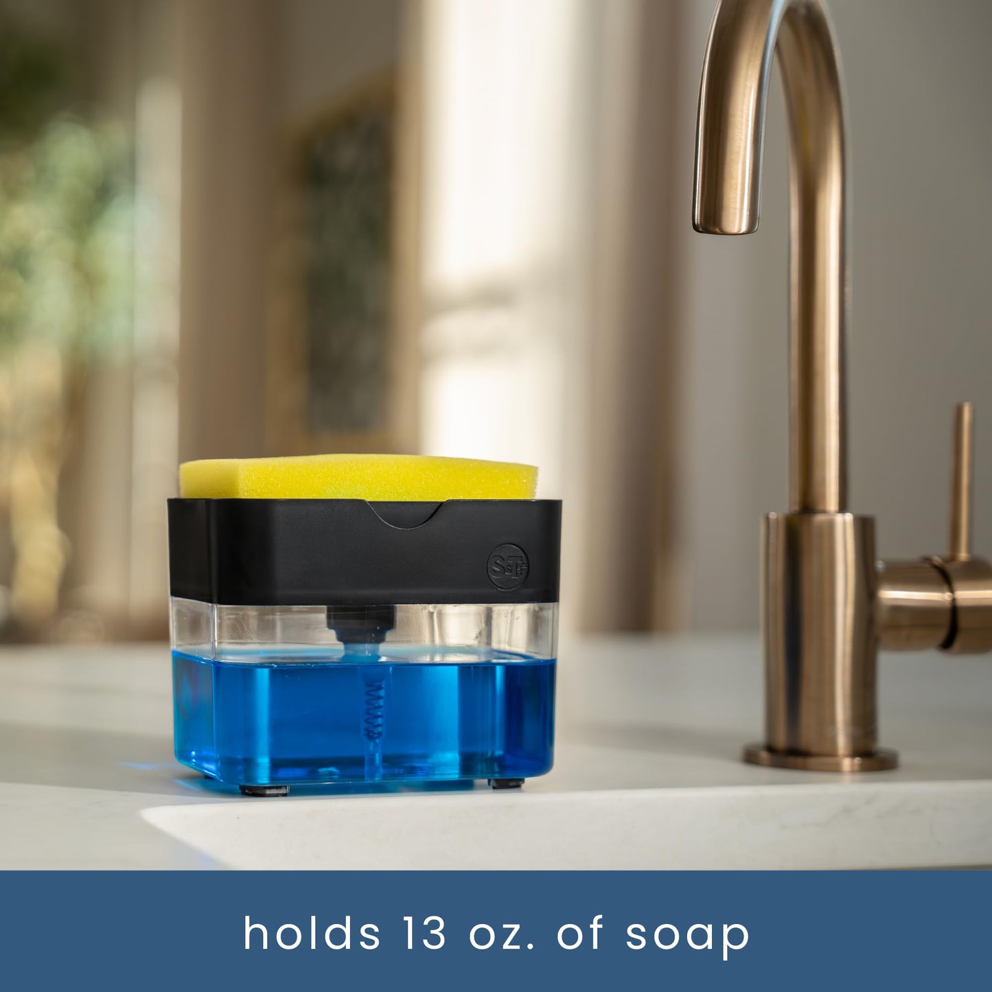 S&T INC. Dish Soap Dispenser and Sponge Holder for Kitchen Sink with Enhanced Features, Sponge Included, 13 Ounces, Matte Black