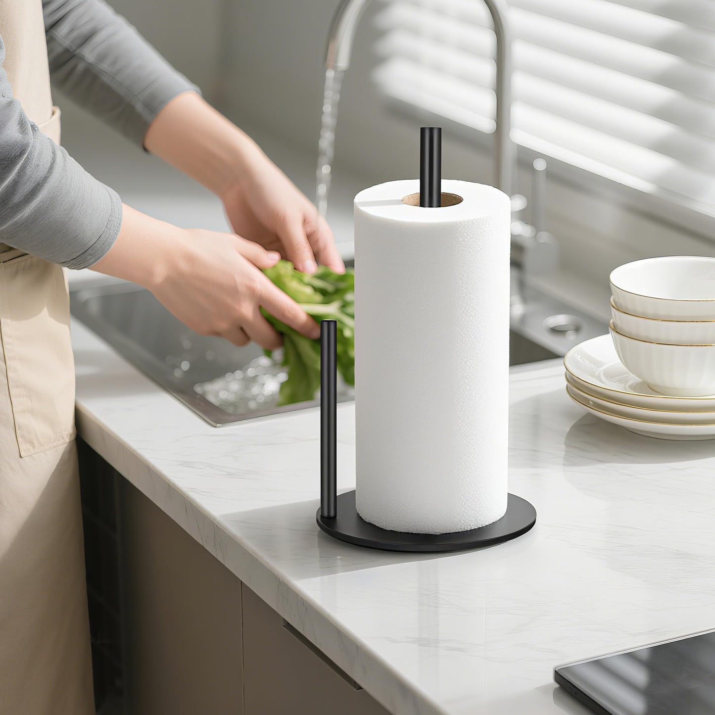Paper Towel Holder Countertop, Paper Towel Holder Black, Stainless Steel Paper Towel Holders for Standard and Large Size Paper Rolls