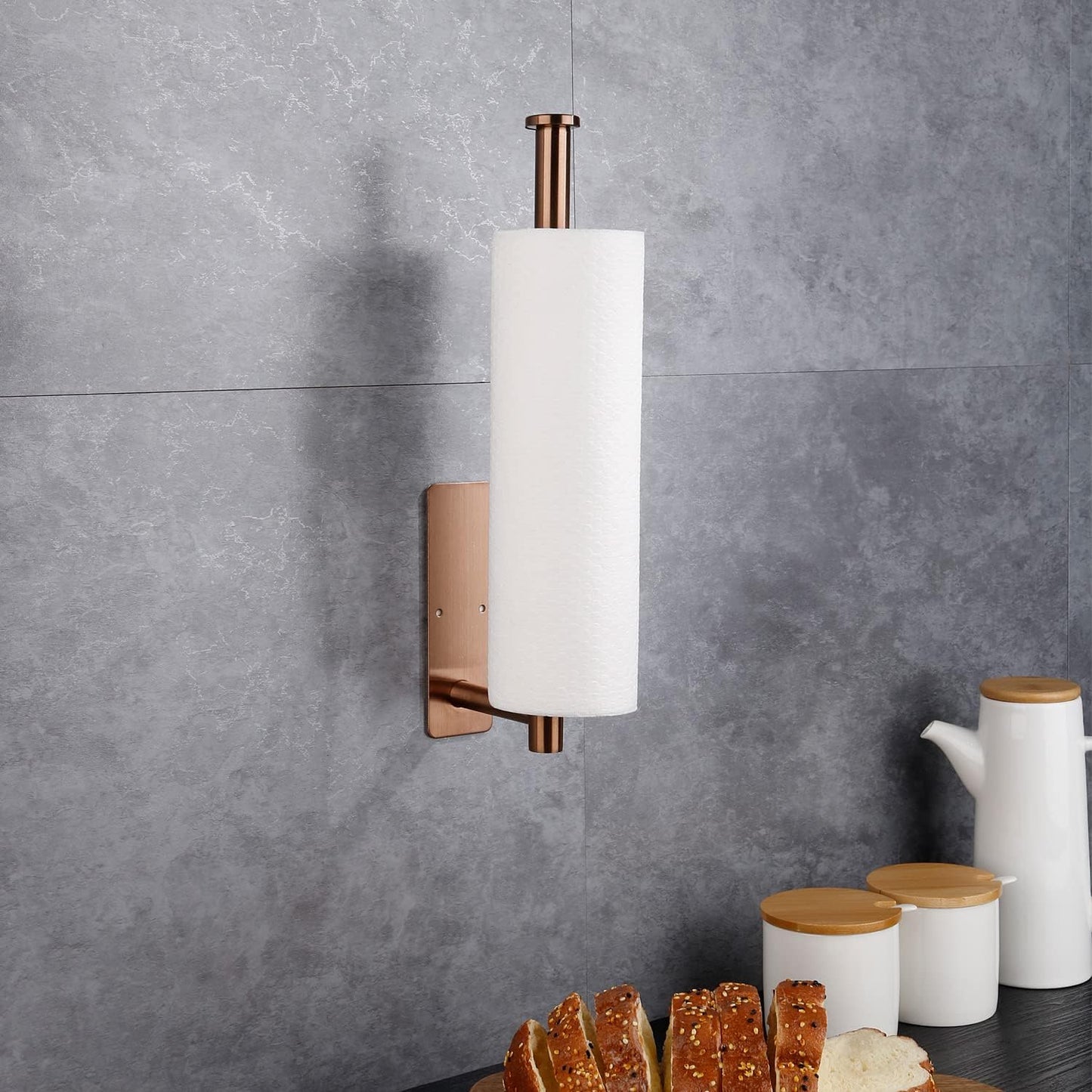 YaoJooHome Premium Paper Towel Holder | Wall Mounted, Self-Adhesive or Screws, Rose Gold Finish