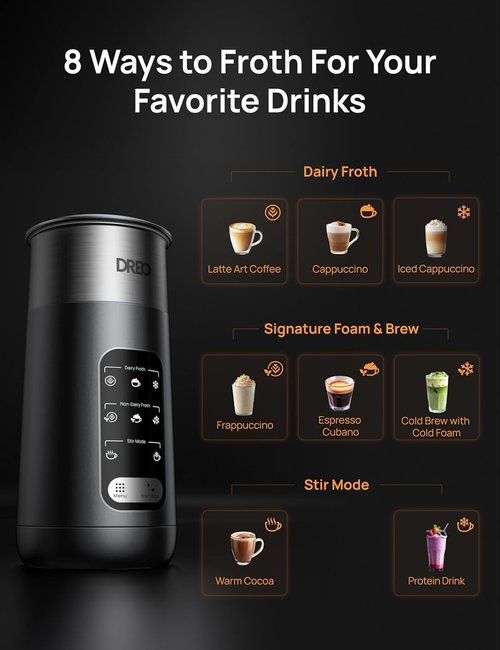 DREO Electric Milk Frother - 8-in-1 Stainless Steel for Latte Art & Microfoam | 9oz/270ml, Easy Clean