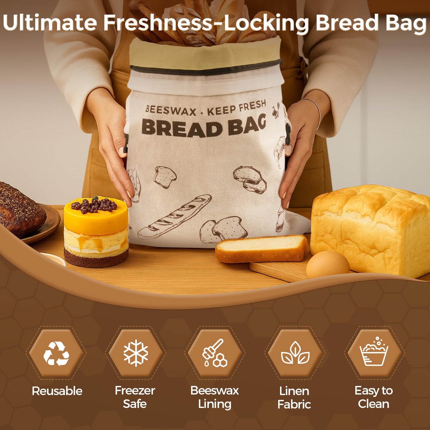 YARRAMATE Beeswax Bread Bags for Homemade Sourdough, Zipper Reusable Linen Food Storage Bags to Keep Loaf Fresh, Large Freezer Safe and Eco Friendly Bread Containers (Brown, 17x13", 2 Pack)