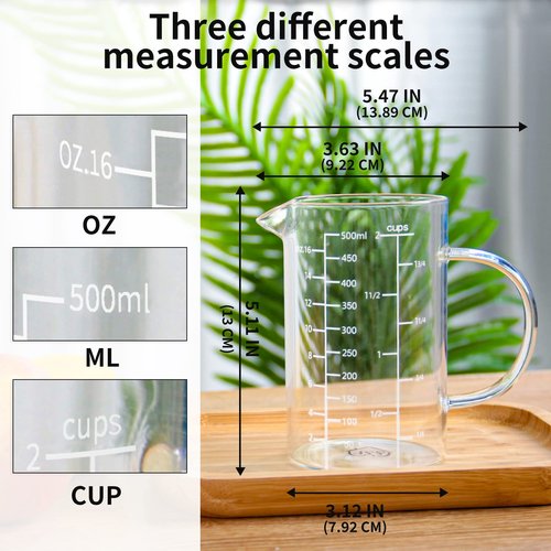 77L Glass Measuring Cup, [Insulated handle, V-Shaped Spout], High Borosilicate Glass Measuring Cup for Kitchen or Restaurant, Easy To Read, 500 ML (0.5 Liter, 2 Cup)