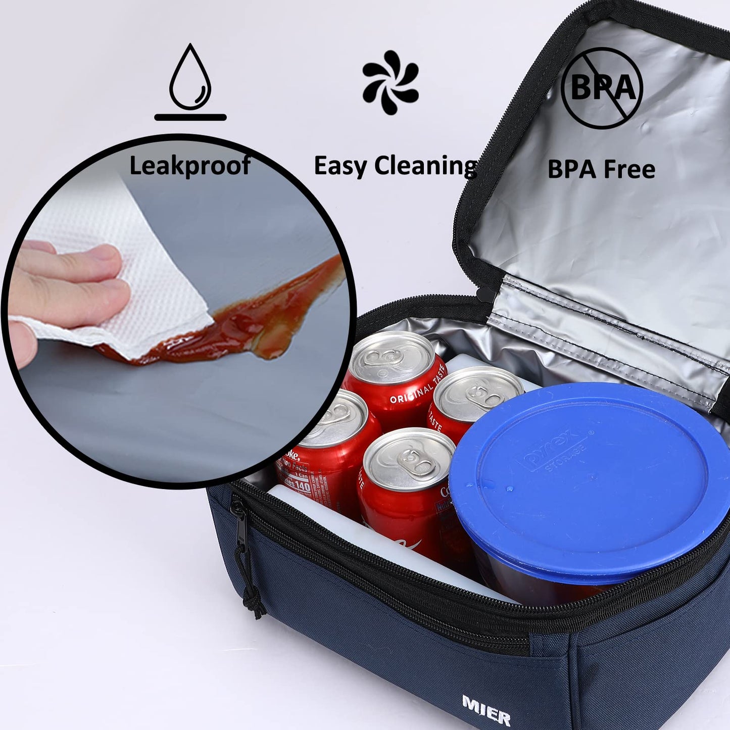 MIER Adult Lunch Box Insulated Lunch Bag Large Cooler Tote Bag for Men Women to Work Travel Daytrip, Double Deck Cooler (Navy, Large)