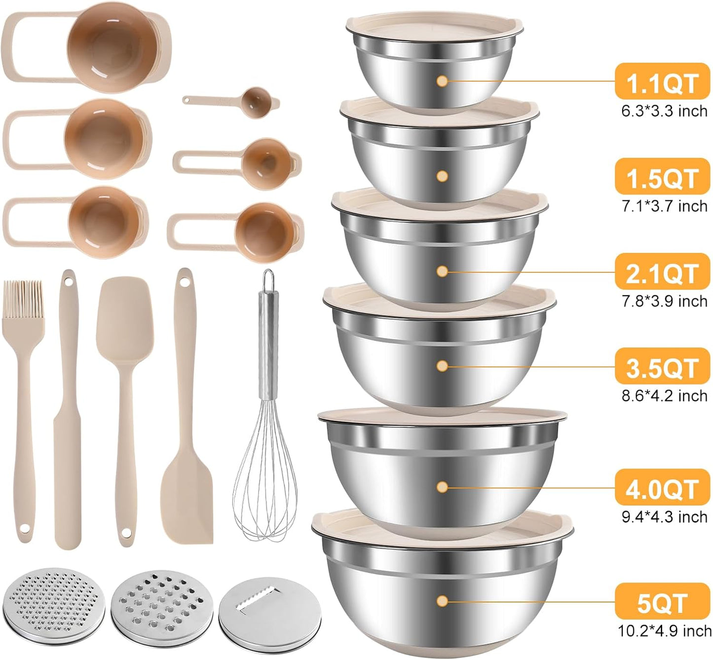 Regine Switzerland Mixing Bowls Set - 20 PCS Kitchen Gadgets with Airtight Lids & Non-Slip Silicone Bottoms | Stainless Steel & Grater Attachments, Khaki