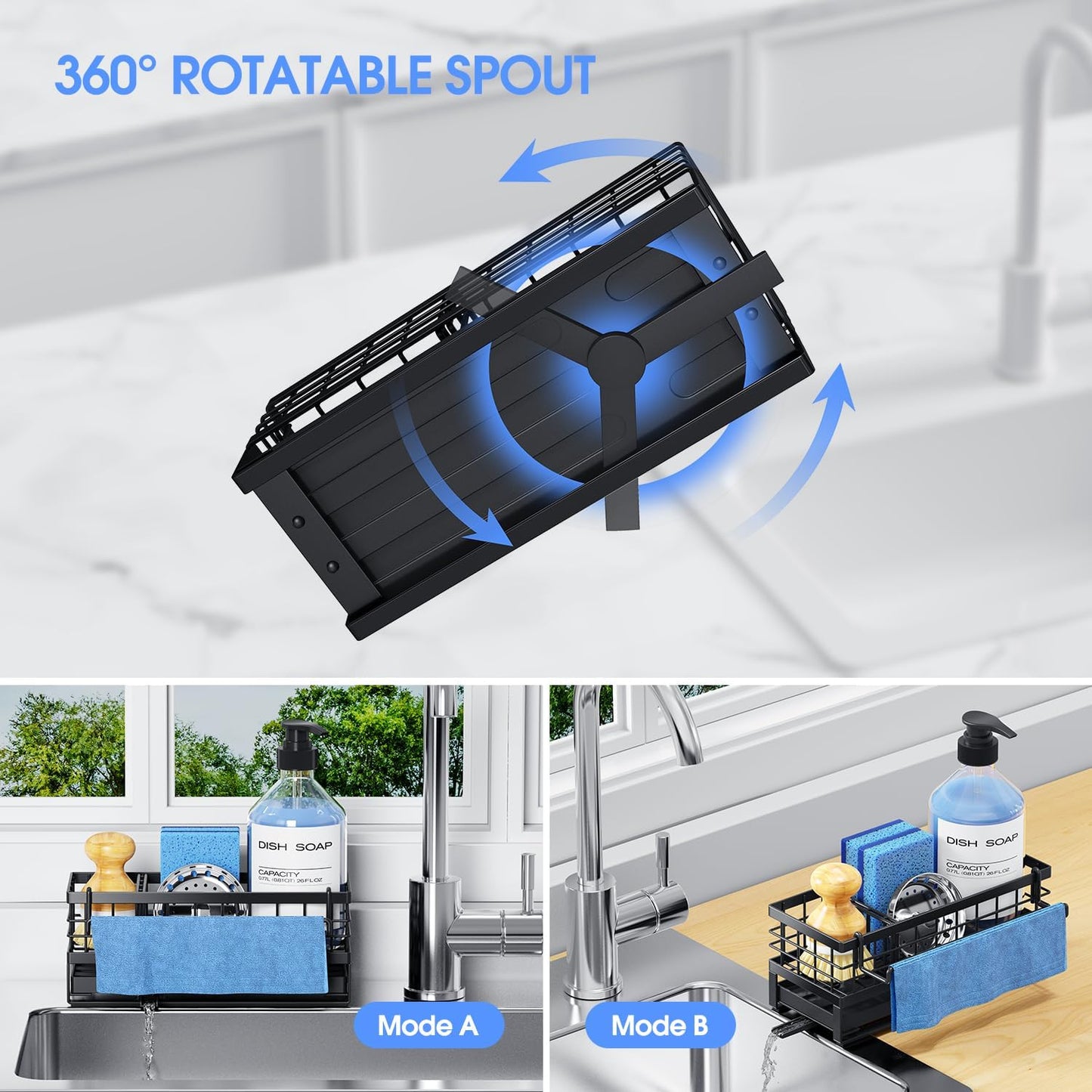 Rustproof Kitchen Sink Sponge Holder - Non-Slip Self-Draining Metal Caddy with Detachable Dish Cloth Holder | Black