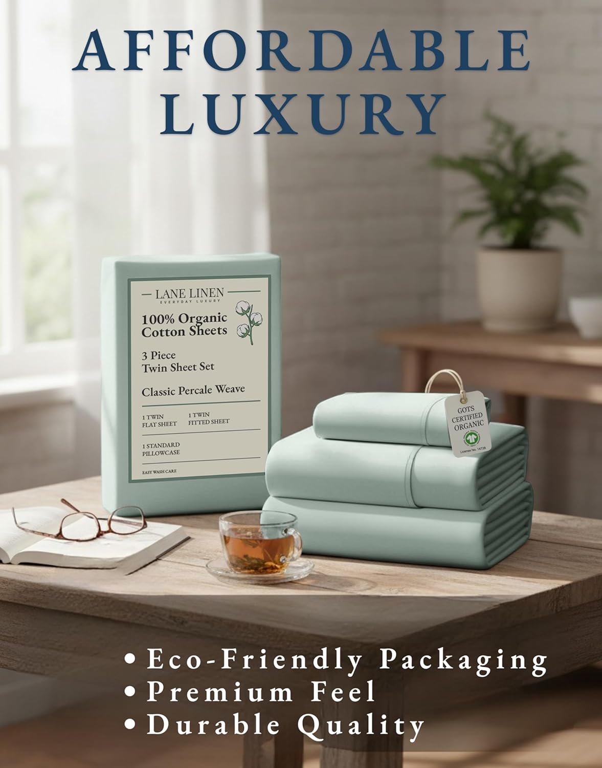 LANE LINEN 100% Organic Cotton Twin Bed Sheet Set - Soft, Comfy & Eco-Friendly | Cool Blue