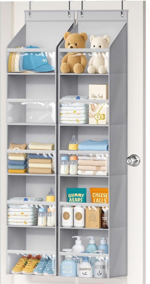 AOODA Over The Door Organizer - Large Capacity Hanging Storage with Clear Deep Pockets | Ideal for Nursery, Bathroom, Bedroom, Pantry (Grey)