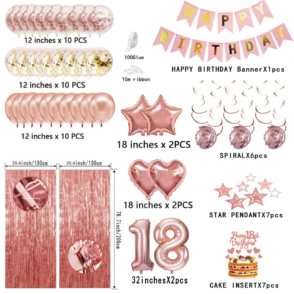 18th Birthday Decorations for Girls, Pink Rose Gold Happy 18 Birthday Banner Backdrop Balloons Table Cake Topper Honeycomb Centerpieces Hanging Swirls Paper Party Supplies