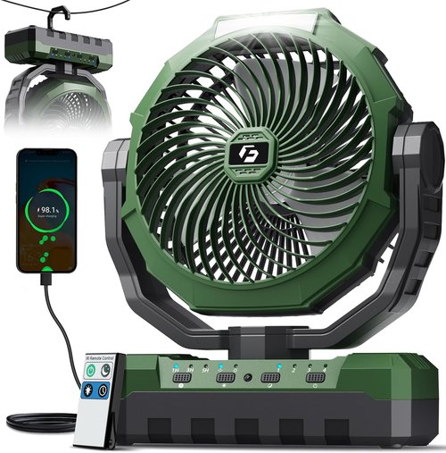 FRIZCOL 3-in-1 Camping Fan - Rechargeable Portable Fan with 24000mAh Battery, Light & Remote - Green