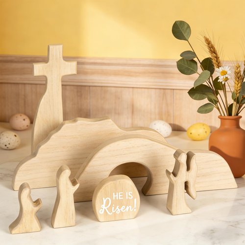 Empty Tomb Easter Scene and Cross Christian Decoration, Wooden Easter Jesus Resurrection Scene with Cross for Tray, Jesus Nativity Set for Religious Decorations, Home Office Mantel Christian Decor