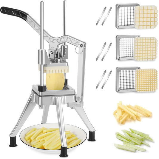 DEPFALL Commercial Vegetable Chopper, Stainless Steel French Fry Cutter Heavy Duty Potato Dicer Fruit Slicer for Restaurant Home Kitchen (1/2"+3/8"+1/4" Blades)