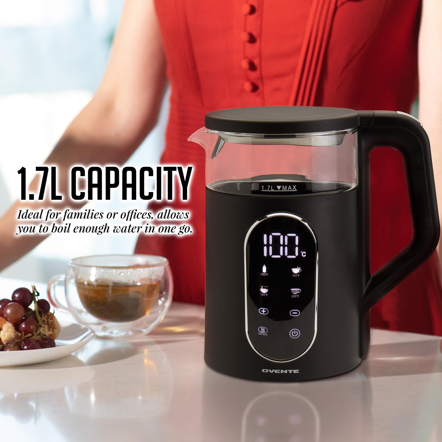 OVENTE Electric Kettle, 1.7L Fast Boiling Water Heater with Digital Touchscreen, Double-Wall Cool Touch Exterior, 5Hr Keep Warm, Auto-Shut Off, Boil-Dry Protection and Borosilicate Glass, Black KD96B