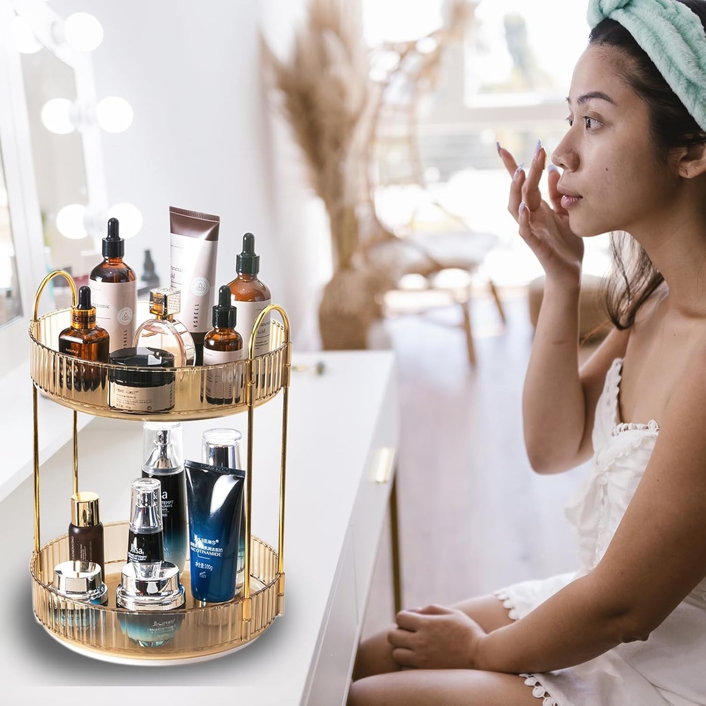 Skiennix Rotating Makeup Organizer - 2-Tier Clear Lazy Susan Trays for Bathroom & Vanity Storage