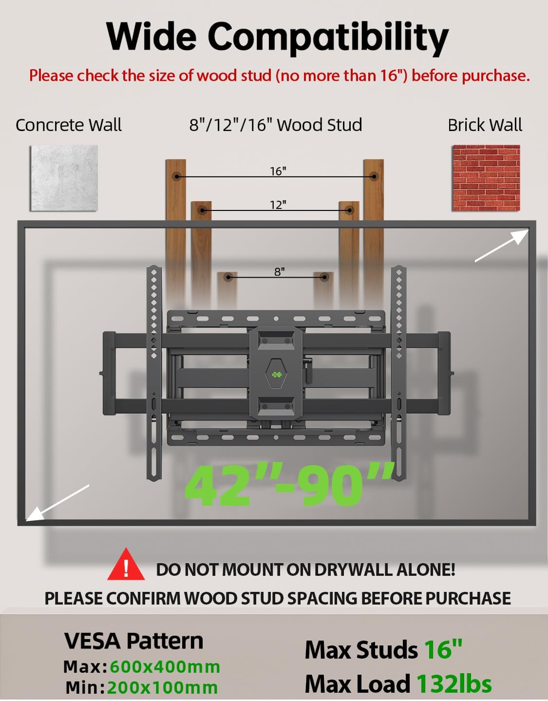 USX Mount Full Motion TV Wall Mount - Dual Swivel & Tilt for 42-90 Inch TVs | VESA 600x400mm, 132lbs Capacity