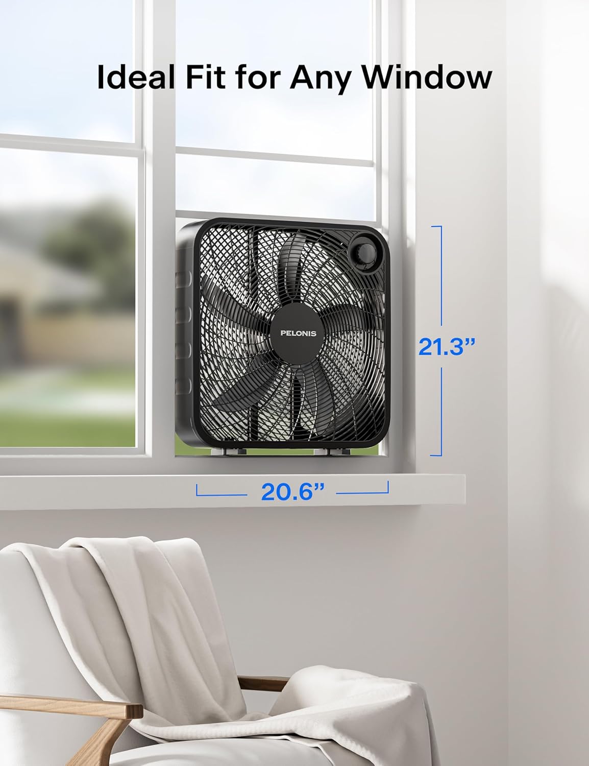 Pelonis 20-Inch Box Fan - 3 Speed Floor & Window Fan with Superior Air Throw (2295 CFM) - Lightweight & Versatile for Home or Office