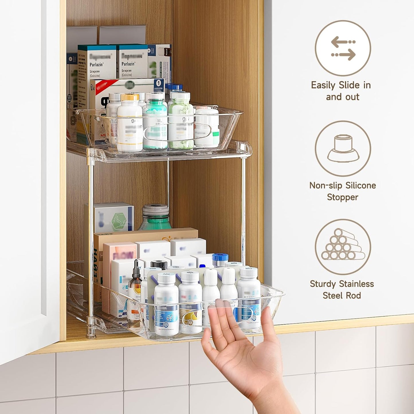 MHHA Bathroom Cabinet Organizer - 2 Tier Clear Under Sink Storage with Dividers | Pull-Out Kitchen Pantry Bins