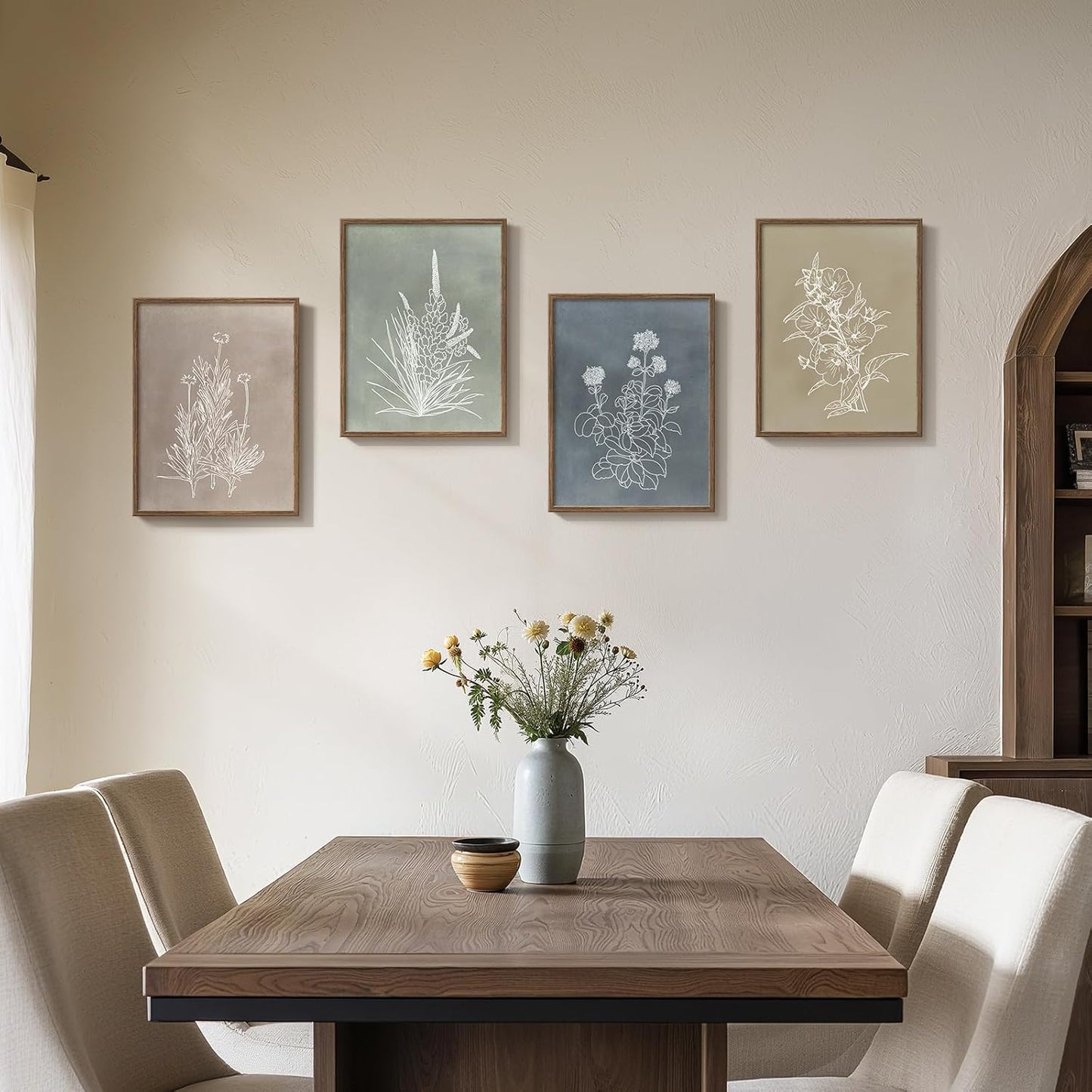 Skiennix Framed Boho Botanical Wall Art - 4 Piece Rustic Floral Canvas Prints for Modern Decor