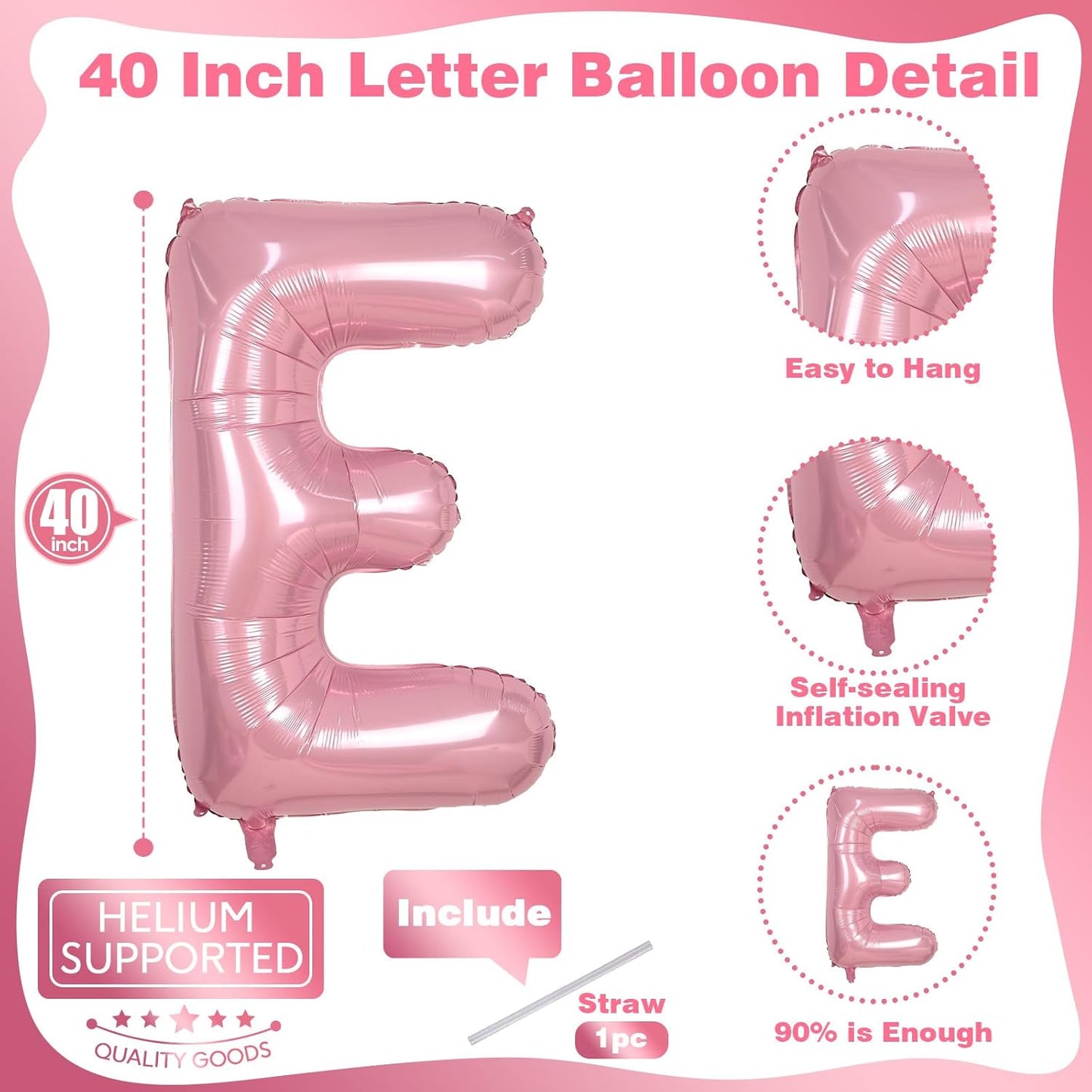 Skiennix 40-Inch Pearl Pink Letter E Balloon - Self-Inflating Foil Alphabet Decoration for Parties