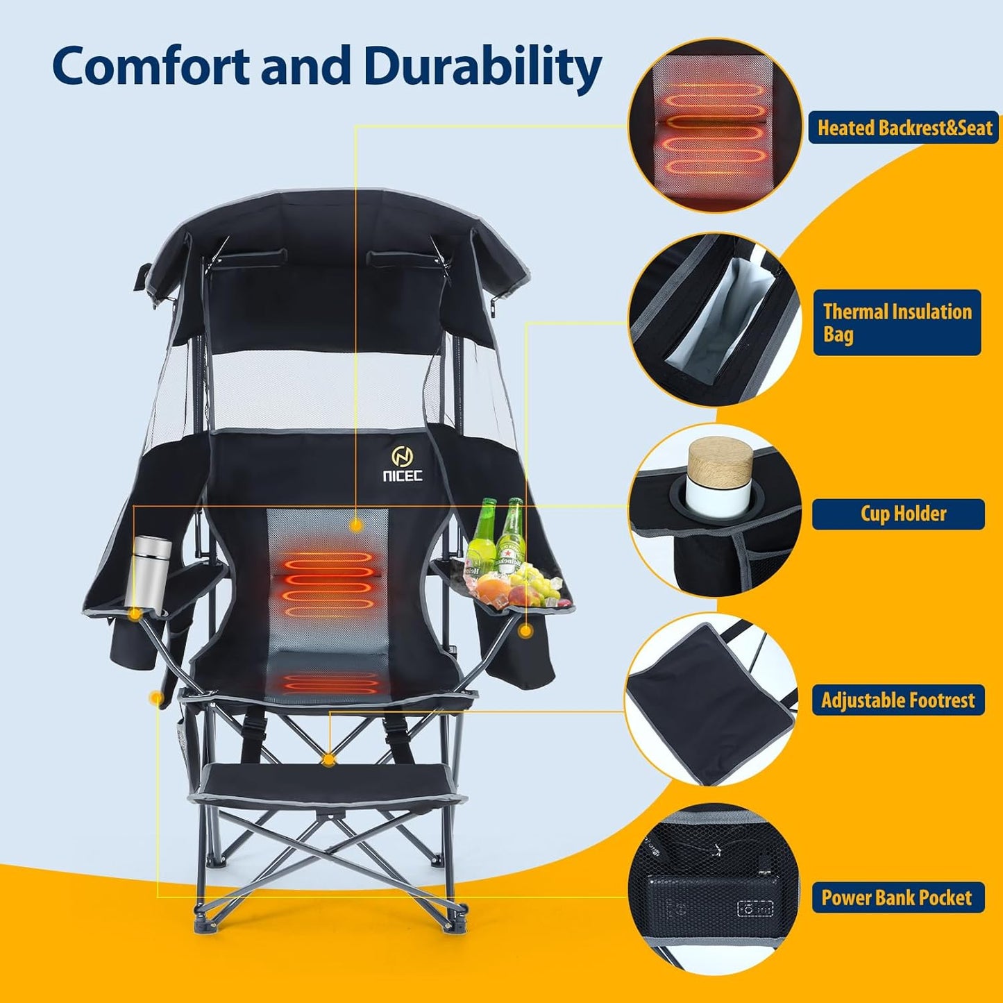 Nice C Heated Camping Chair with Canopy - Outdoor Folding Chair with Removable Footrest