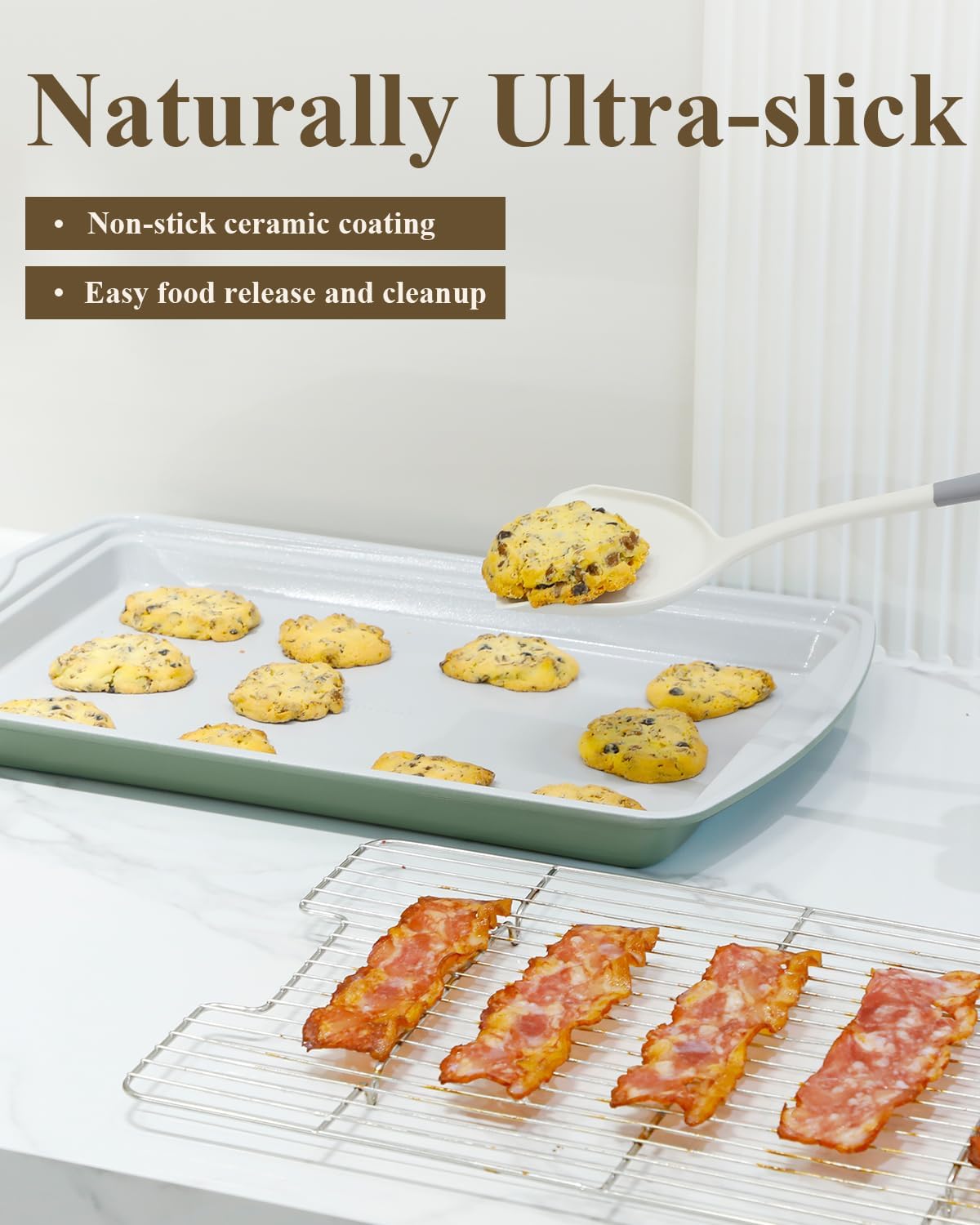 Nonstick Crisp Baking Tray - Ceramic Coating Jelly Roll Cookie Sheet Pan | 15x10, Oven Safe 550°F, PTFE & PFOA Free, Pistachio Green