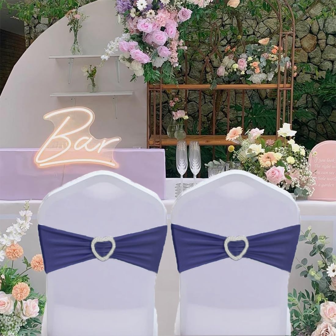 Skiennix Navy Blue Chair Sashes - 30 Pack Elastic Chair Bands with Heart Buckle for Weddings & Parties