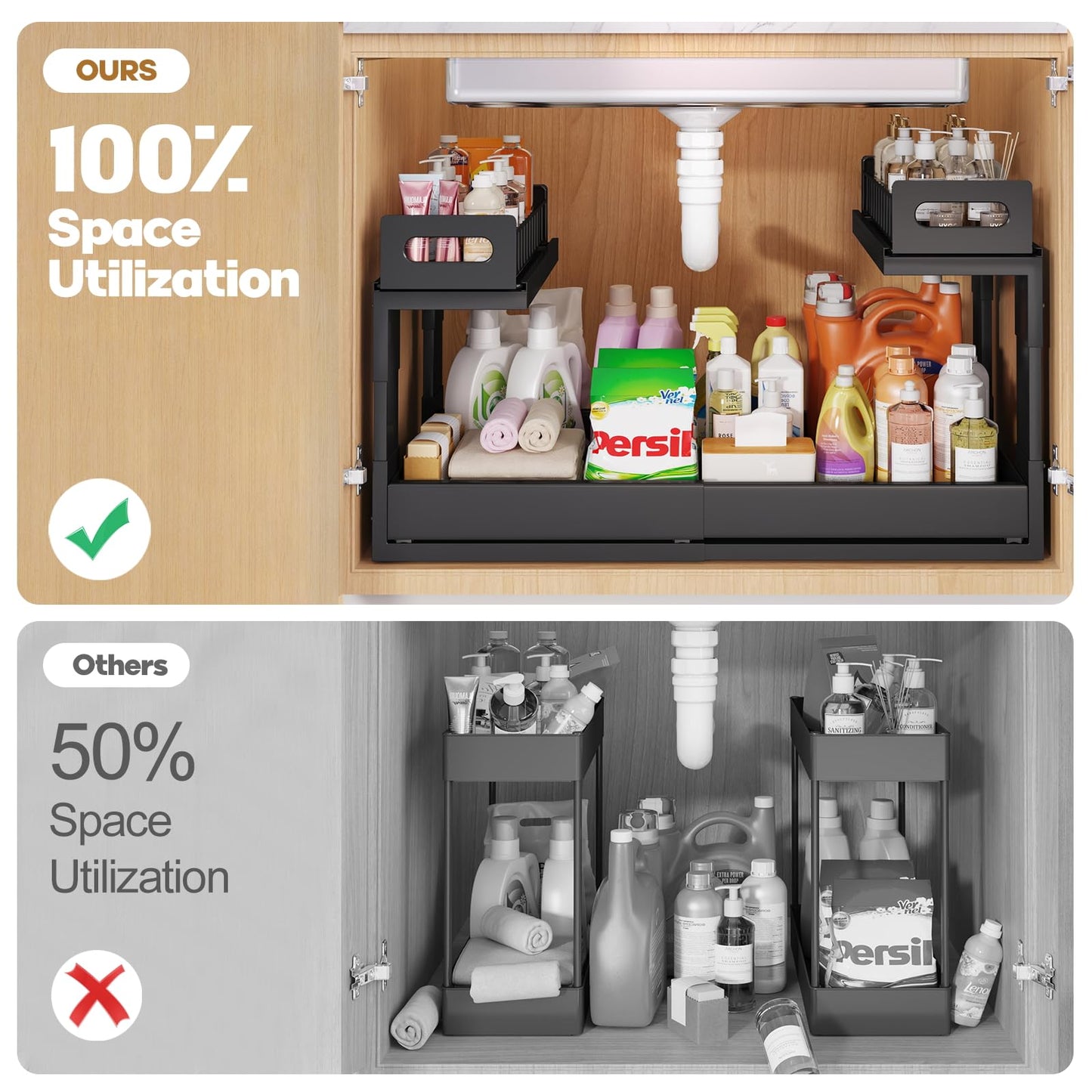 1 Pack-16"-26"W Expandable Under Sink Organizer With Upgrade Ball-Bearing Slide,2-Tier Pull Out Under Cabinet Organizer Height Adjustable,Not Suitable For Cabinets With Partitions In The Middle