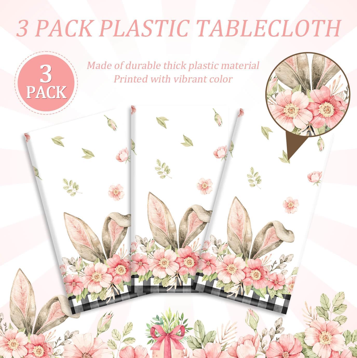 Vanulus 3PCS Spring Bunny Buffalo Plaid Tablecloth Disposable Waterproof Rectangular Bunny Ear Foot Flower Easter Plastic Table Cloth for Happy Easter Party Decorations Supplies 54x108 inch
