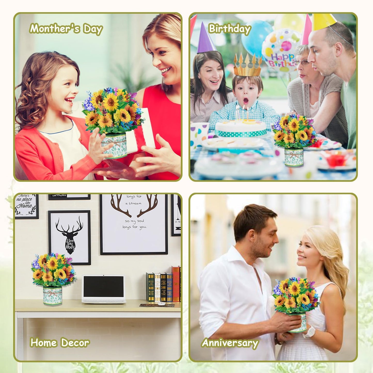 ROBBEAR Sunflower Bouquet Pop Up Card, 3D Flower Greeting Card with Envelopes for Any Occasion, Birthday, Mother's Day, Anniversary, Valentines Day, Handmade Gifts, Foldable Flower Cards for Friends