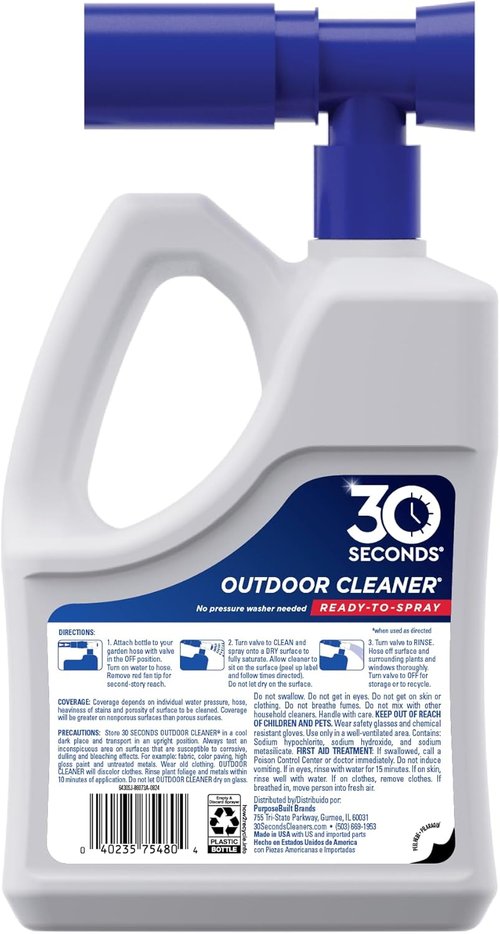 30 Seconds Outdoor Cleaner - Effectively Cleans Moss Stains from House, Deck & Patio | 3 Bottles & Hose End Spray (64 Fl Oz)