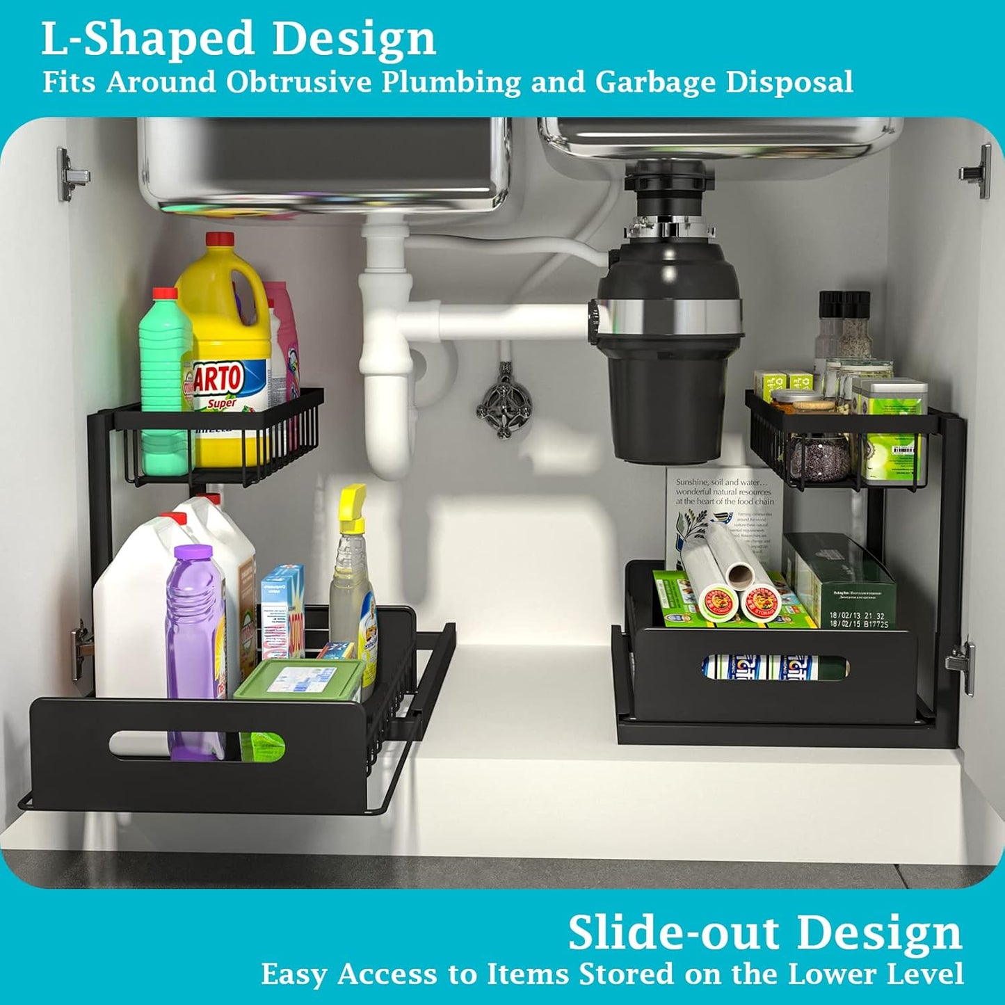 REALINN Under Sink Organizer - 2-Tier Pull-Out Cabinet Storage Shelf | Black, Easy Access Design