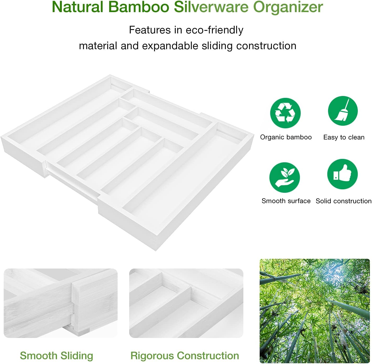 Pipishell Bamboo Drawer Organizer - Adjustable Utensil Holder & Cutlery Tray | White Wood Dividers