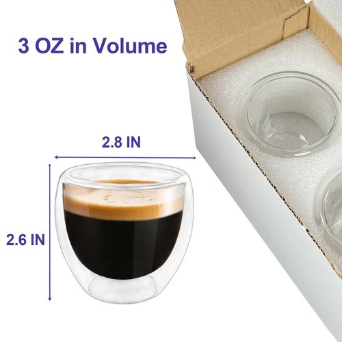Double Wall Expresso Cups (Set of 2), 3 Ounce Glass Espresso Mugs - Clear, Double Walled, Insulated, Small Demitasse Cups for Espresso Machine - Microwave Safe