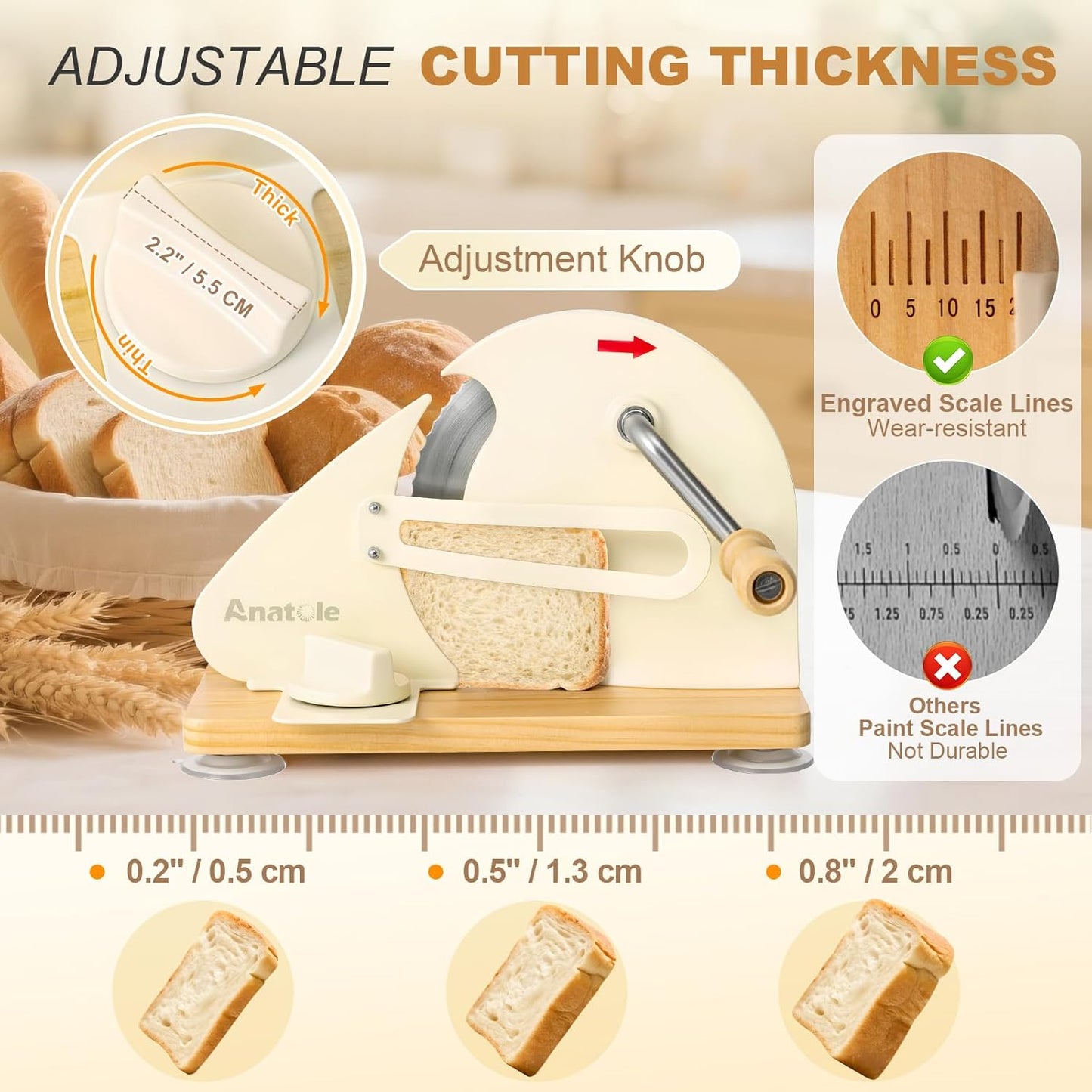 Anatole Foldable Manual Bread Slicer - Adjustable Thickness Hand Crank Cutter with Engraved Scale | Stainless Steel, 6 Suction Cups