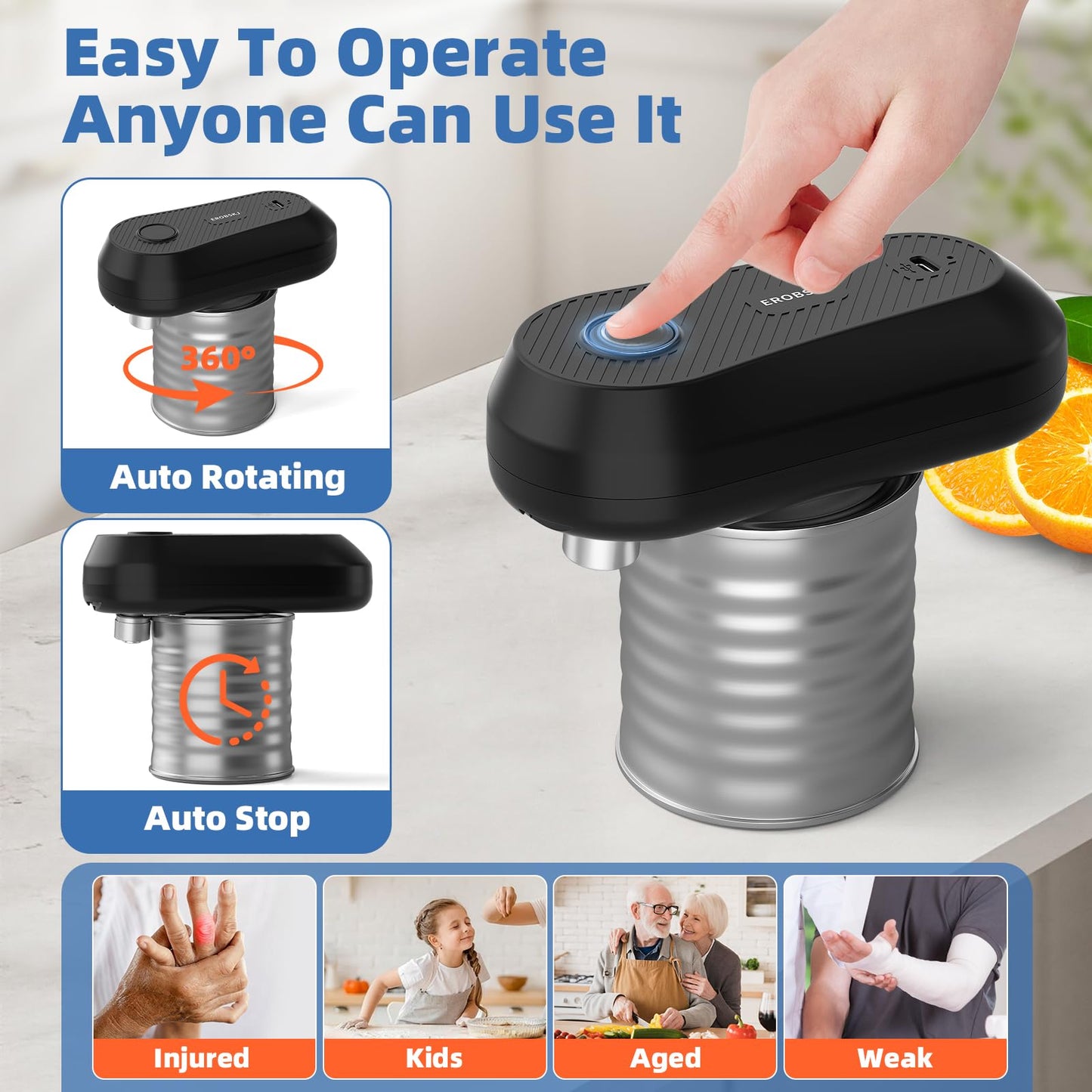 EROBSKJ Electric Can Opener, Rechargeable Can Openers for Seniors & Arthritis, One-Touch Automatic Can Opener, Hands-Free, Smooth Edge, Compact, Kitchen Gadgets