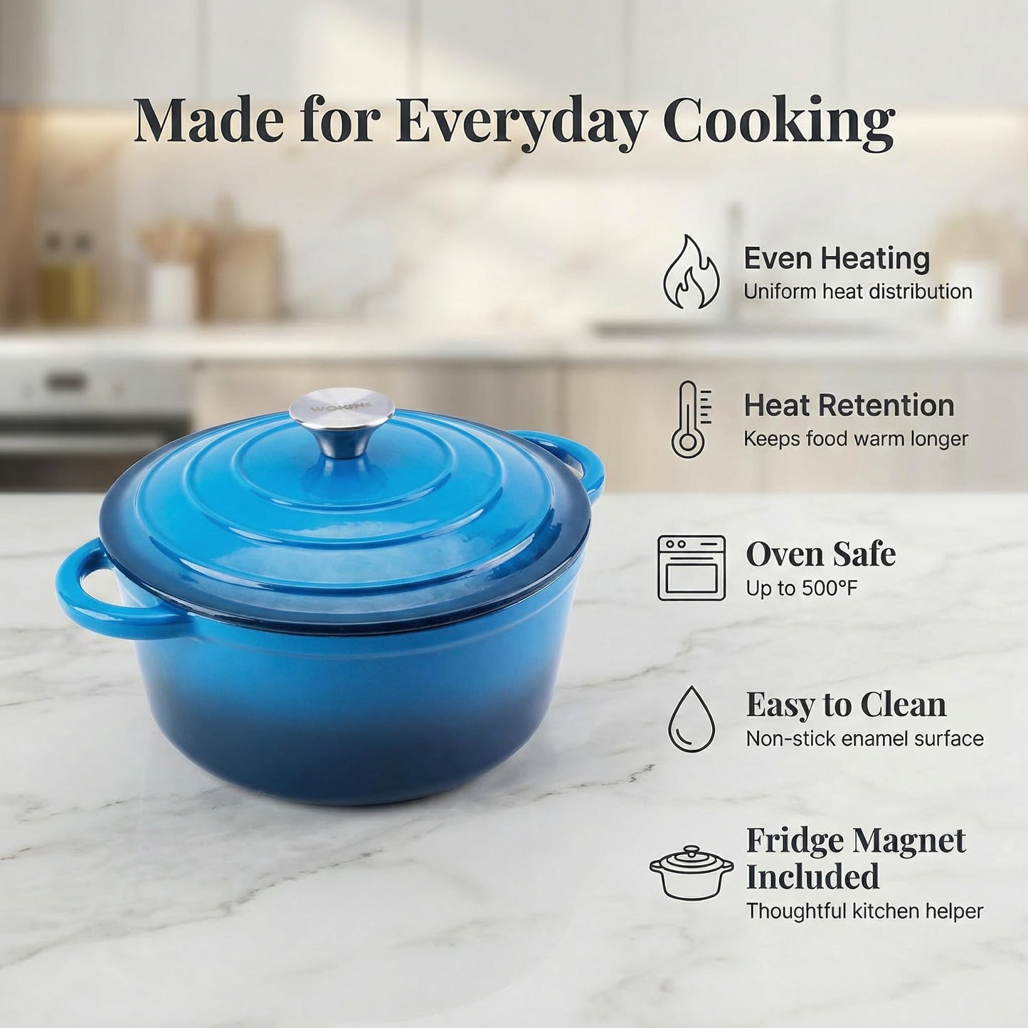 WOKINS Enameled Cast Iron Dutch Oven - 7QT Pot with Lid,Oven Safe to 500°F,Heavy-Duty Cookware for Sourdough Bread Baking,Braising,Stews,Roasting blue