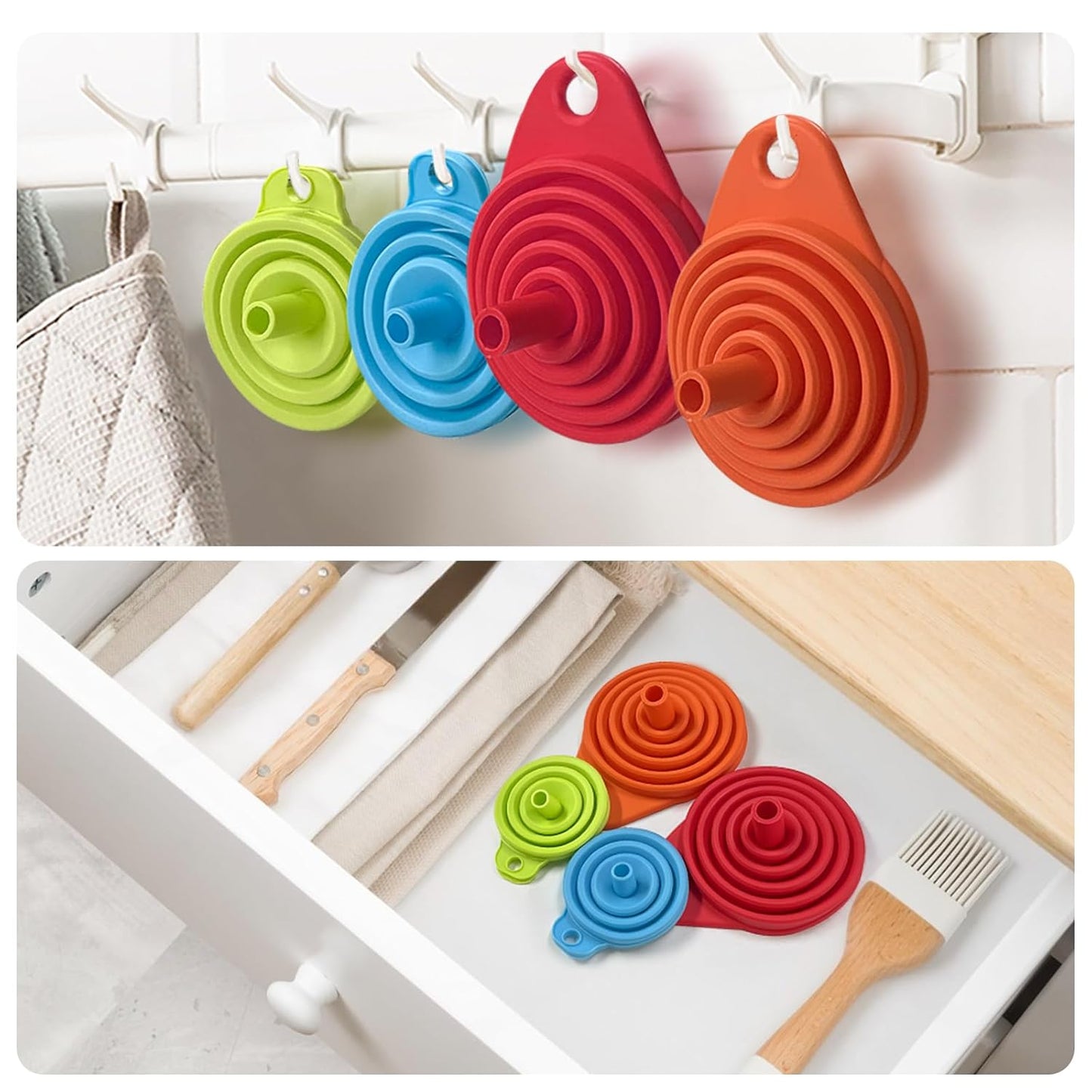 Skiennix Kitchen Funnel Set - 4 Pack of Foldable Silicone Funnels for Easy Liquid Transfer | Food Grade