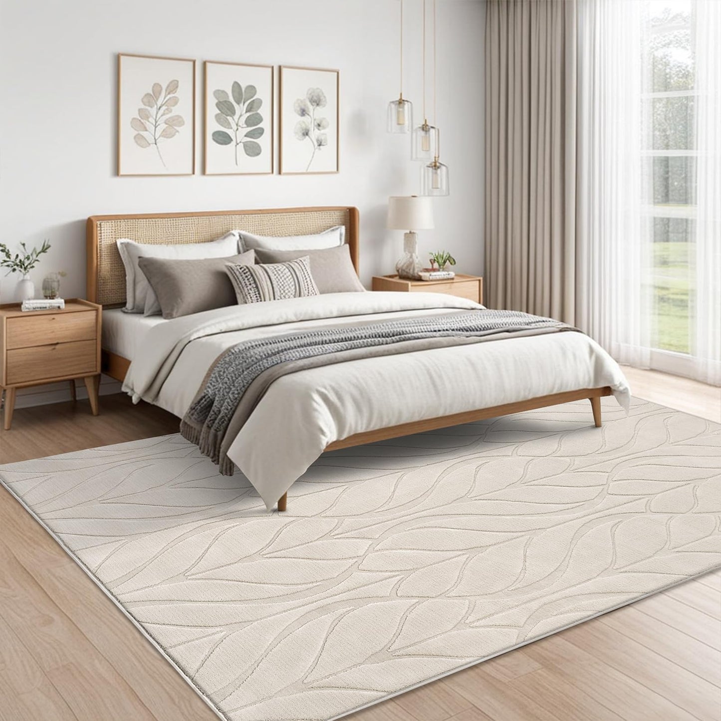SHACOS Soft Area Rug for Living Room 6x9, Washable Non Slip Bedroom Rug Beige, Fluffy Large Rugs Carpet for Floor Living Room Kids Nursery Room, Home Decor Aesthetic - Leaf Pattern Design