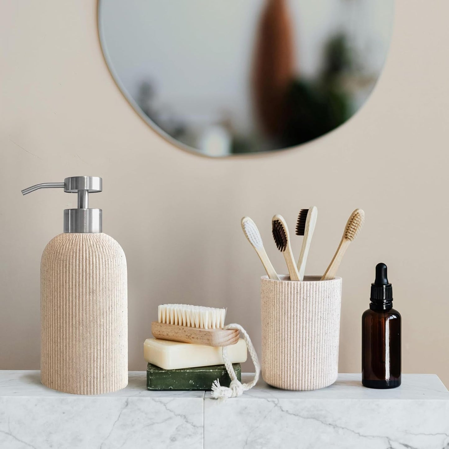 Skiennix Toothbrush Holder - Modern Boho Farmhouse Style, Small Sand Beige, Multi-Purpose Organizer