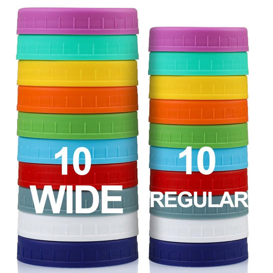 AOZITA 10 WIDE Mouth & 10 REGULAR Mouth Mason Jar Lids - 20 Pack Food Grade Plastic Mason Jar Caps for Ball, Kerr and More Canning Jars - Leakproof & Dishwasher Safe - Multicolor