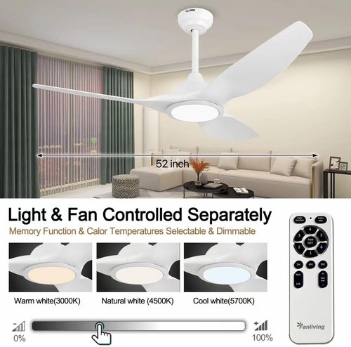 52-Inch Modern Ceiling Fan - Quiet DC Motor with Light & Remote Control | White Finish for Bedroom & Living Room