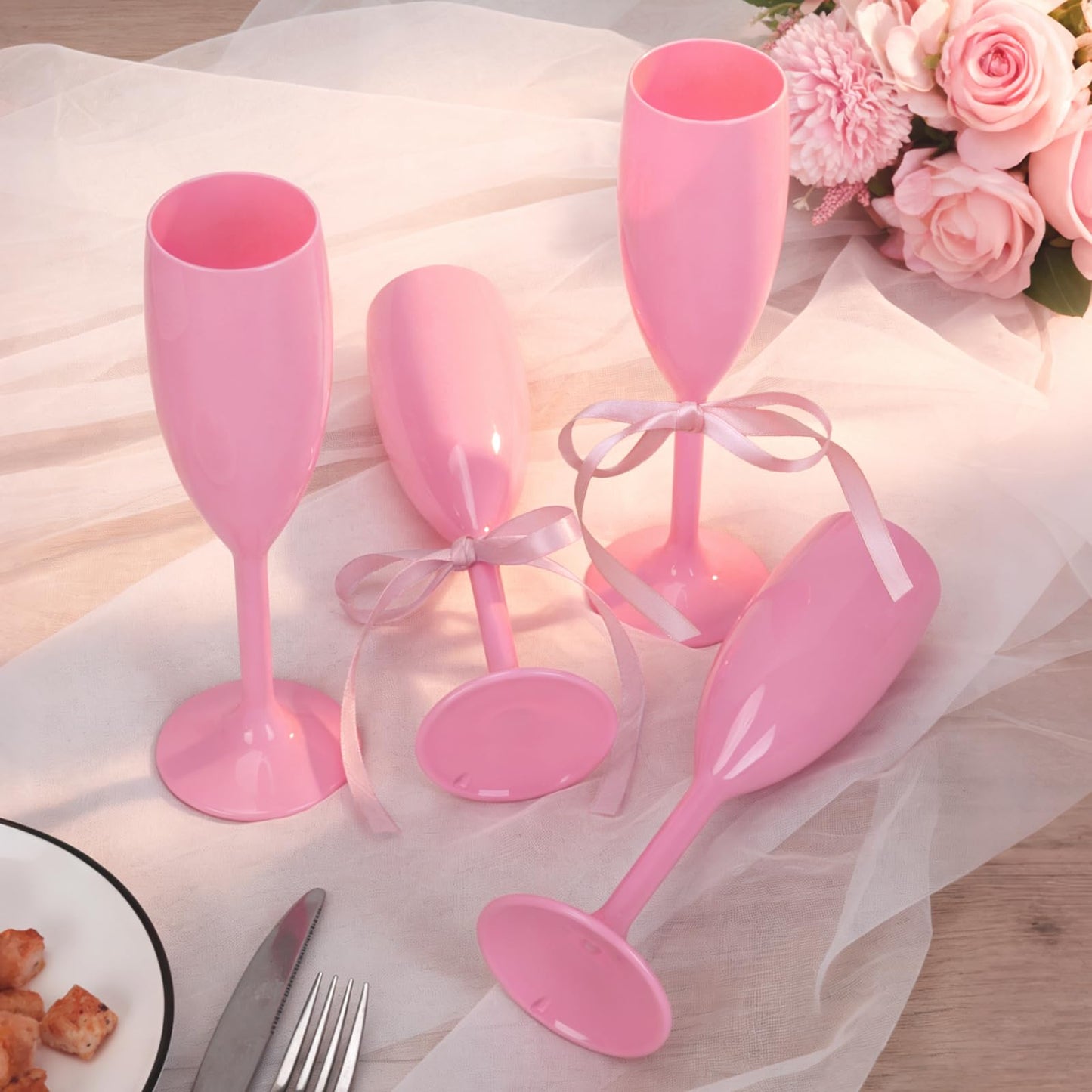 KUK 10 Pack Plastic Pink Champagne Flutes Acrylic Champagne Glasses Wedding Toasting Goblet with Satin Ribbon Nano Tape Reusable Unbreakable Champagne Cups for Bachelorette Bridal Shower Party