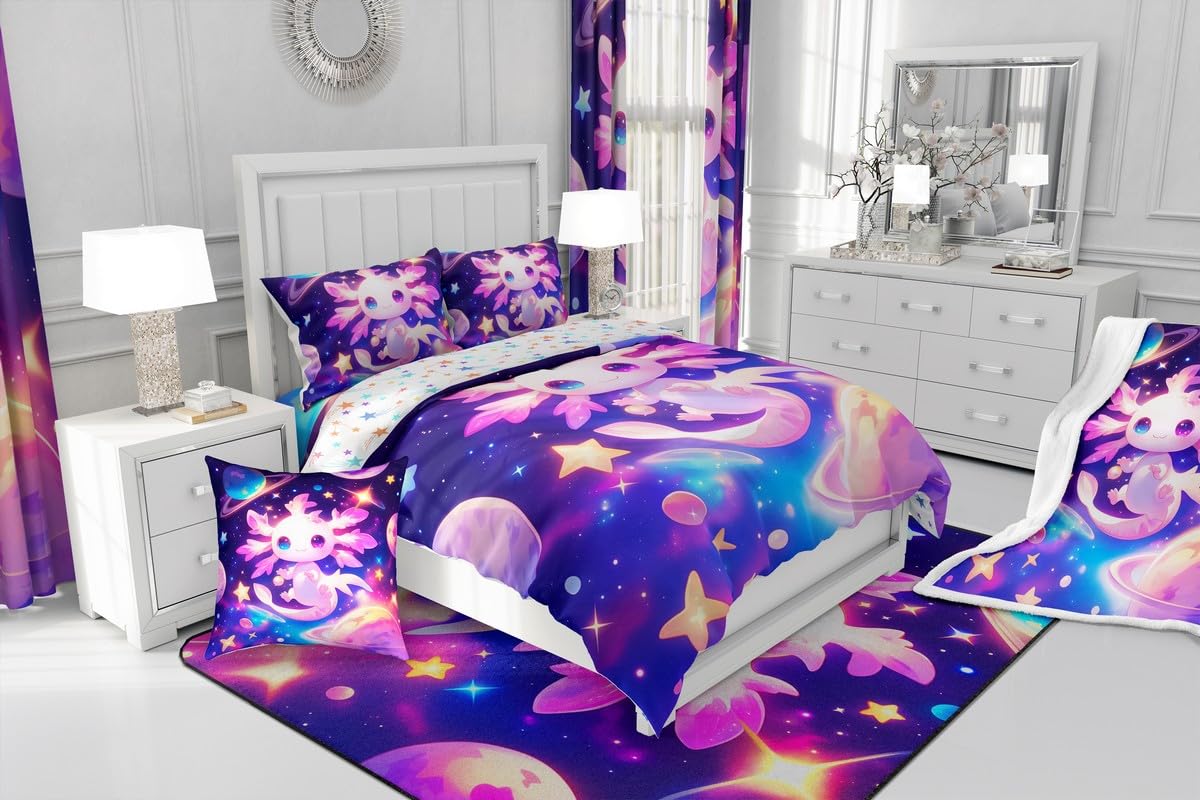 Erosebridal Axolotl Quilt Queen Size for Kids Boys Girls,Galaxy Planet Space Bedding Set Cartoon Animal Comforter Set Purple Dreamy Starry Bedding Comforter Sets